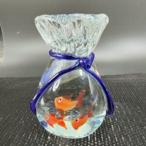 Vintage 1990s Art Glass Paperweight Glass Bag With Red Fish Figurine Blue Ribbon